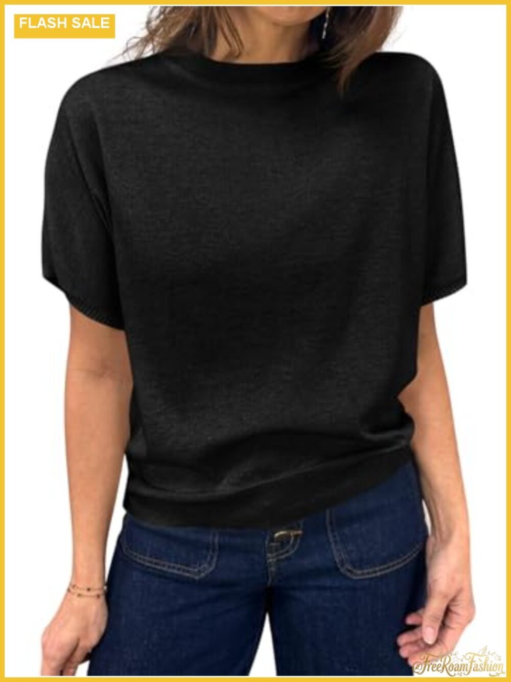 Short Sleeve Crew Neck Knit Pullover Sweater Lightweight Summer Basic Top